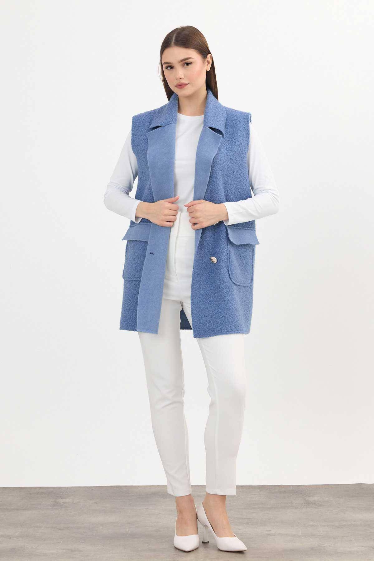 3016A Düğme Detay Buklet Yelek Mavi - Stilay