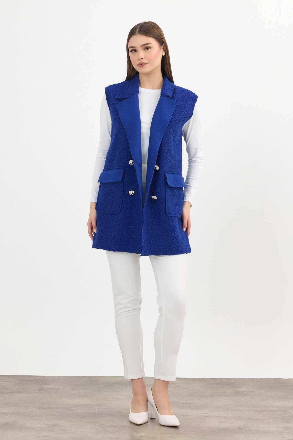 3016A Düğme Detay Buklet Yelek Saks - Stilay