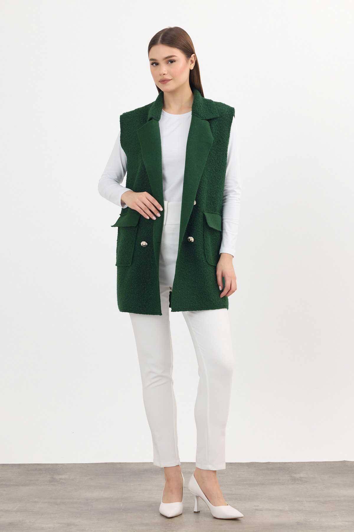 3016A Düğme Detay Buklet Yelek Zümrüt - Stilay