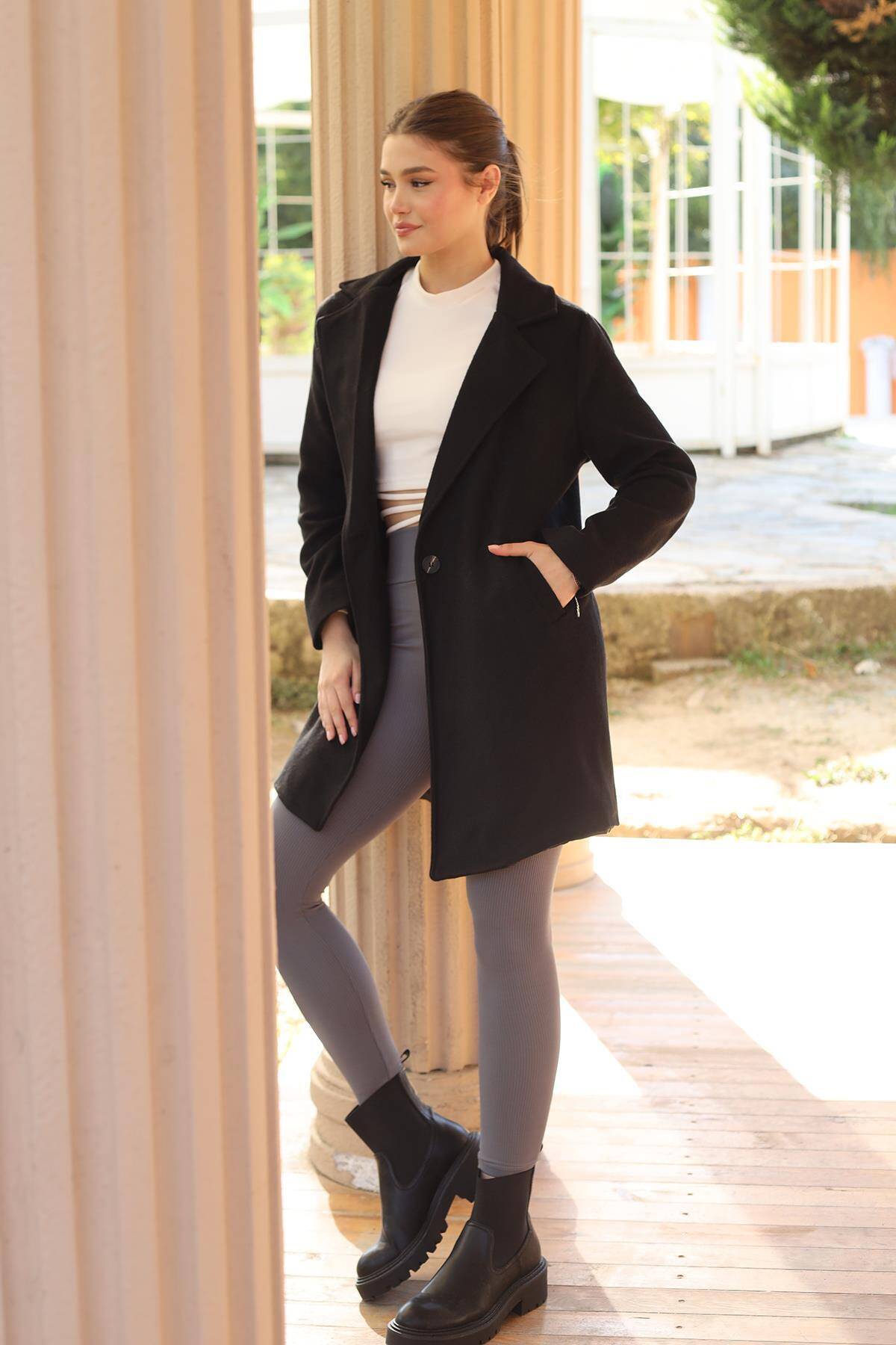 3024A Tek Düğme Klasik Kaşe Kaban Siyah - 1