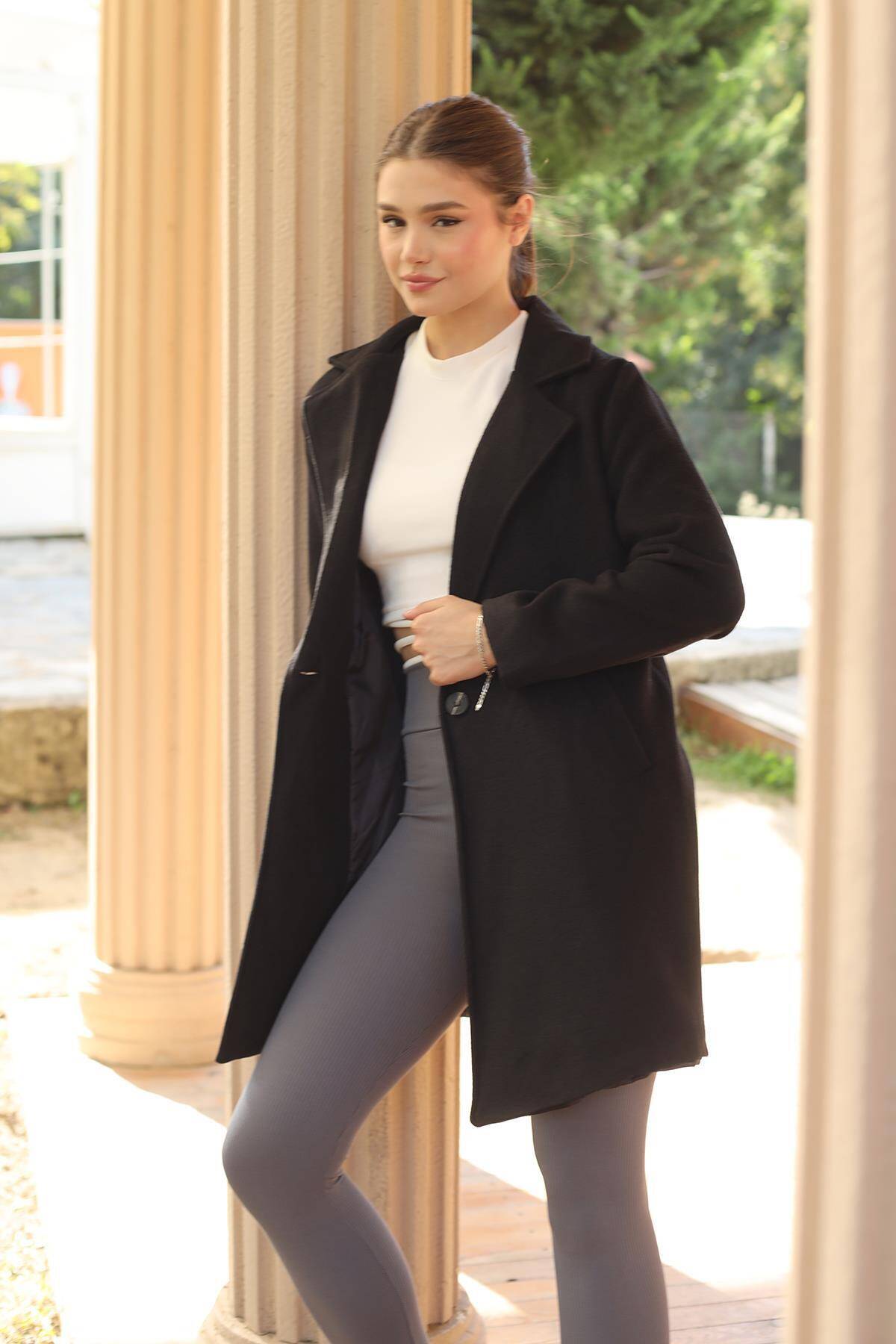 3024A Tek Düğme Klasik Kaşe Kaban Siyah - Stilay