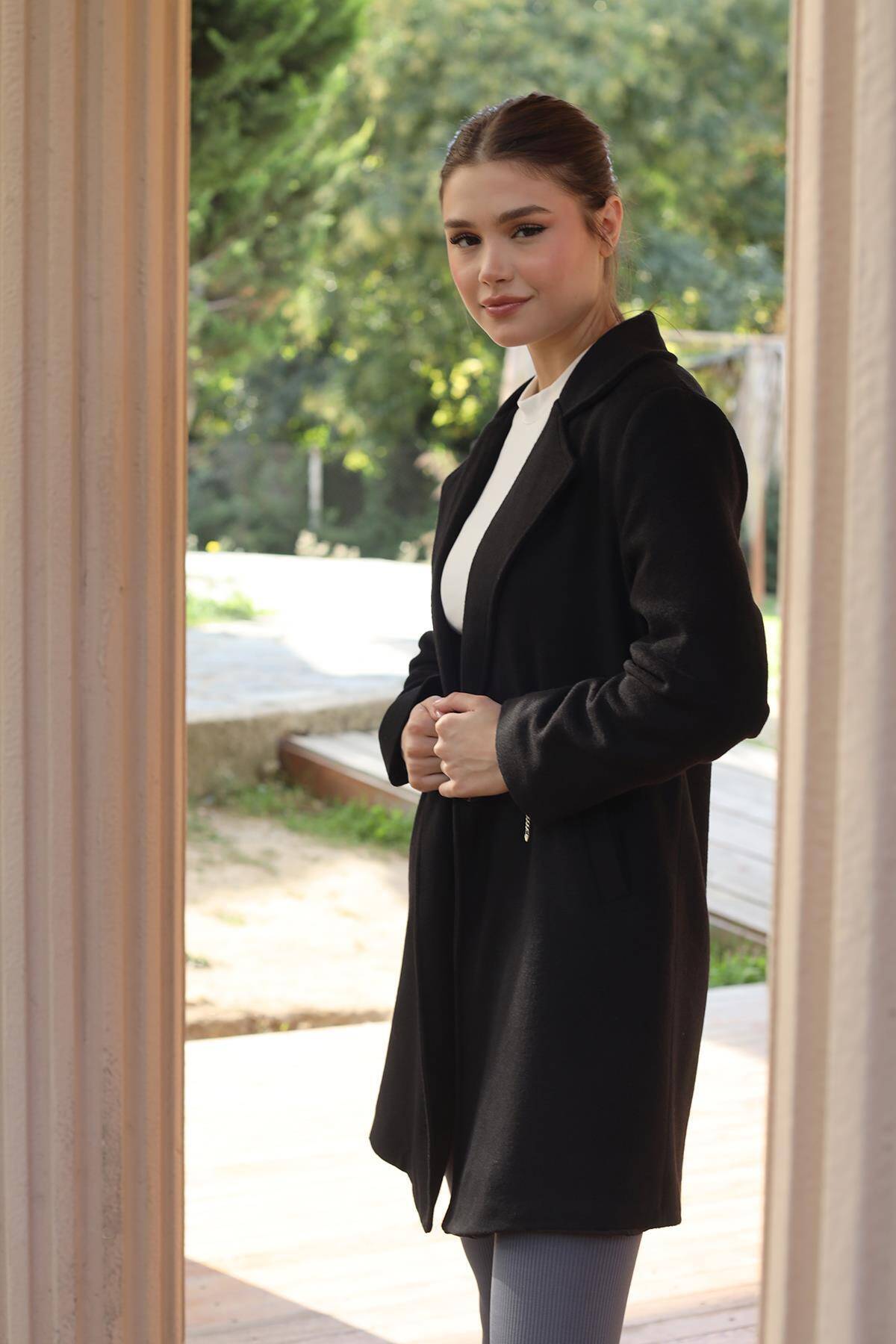 3024A Tek Düğme Klasik Kaşe Kaban Siyah - 3