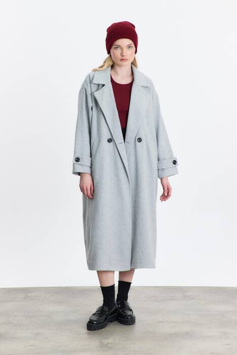 3025A Çift Düğme Cepli Uzun Kaban Gri - Stilay