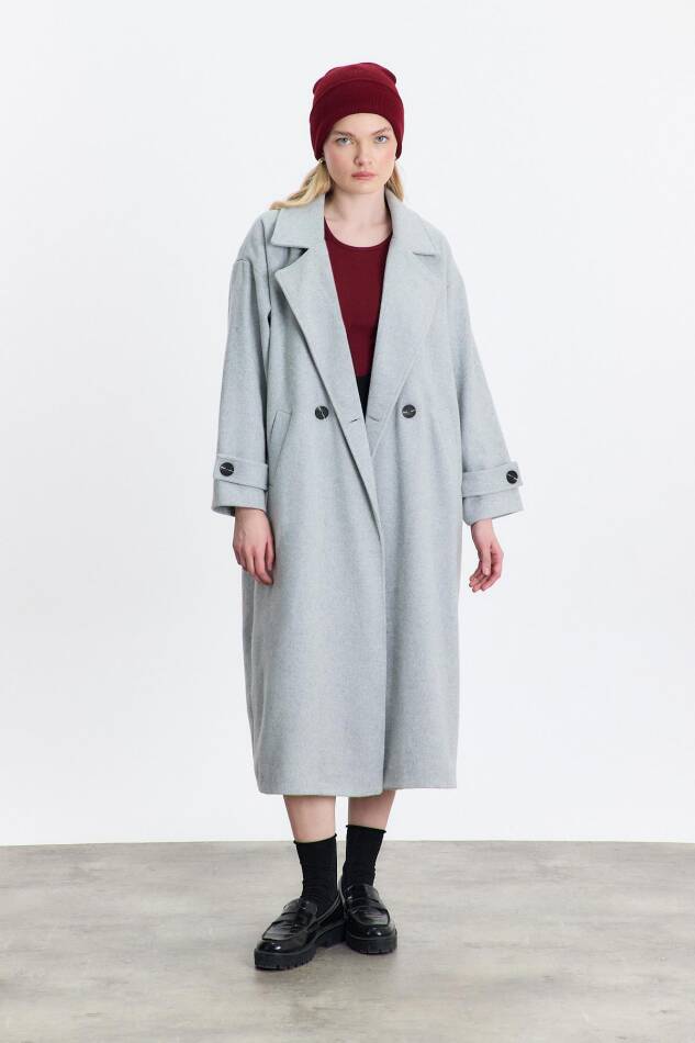 3025A Çift Düğme Cepli Uzun Kaban Gri - 1