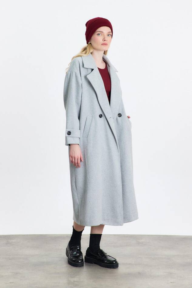 3025A Çift Düğme Cepli Uzun Kaban Gri - 2