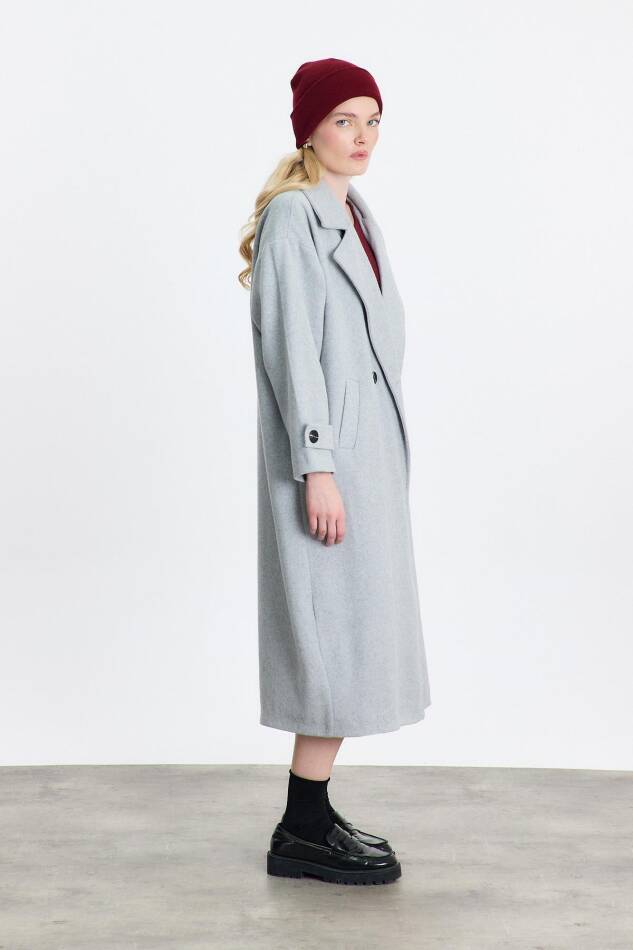 3025A Çift Düğme Cepli Uzun Kaban Gri - 3