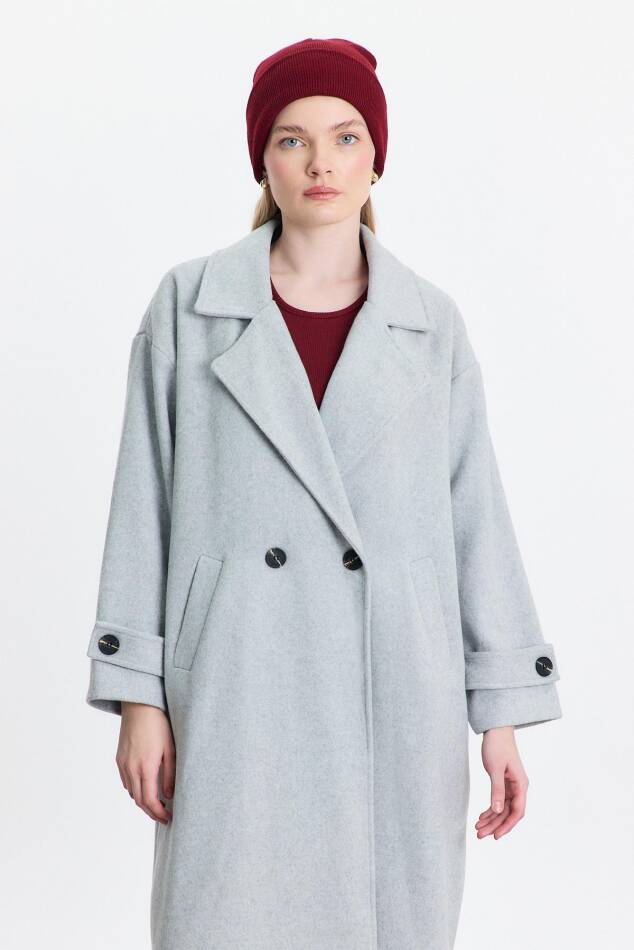 3025A Çift Düğme Cepli Uzun Kaban Gri - 4