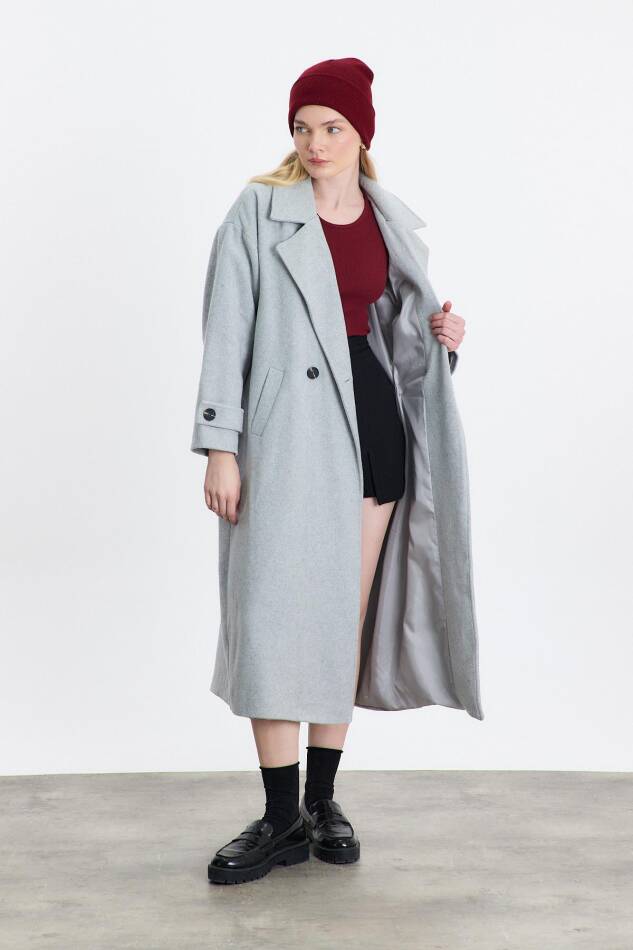 3025A Çift Düğme Cepli Uzun Kaban Gri - 6