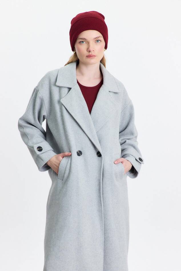 3025A Çift Düğme Cepli Uzun Kaban Gri - 7