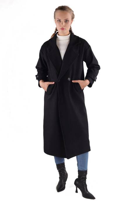 3025A Çift Düğme Cepli Uzun Kaban Siyah - Stilay