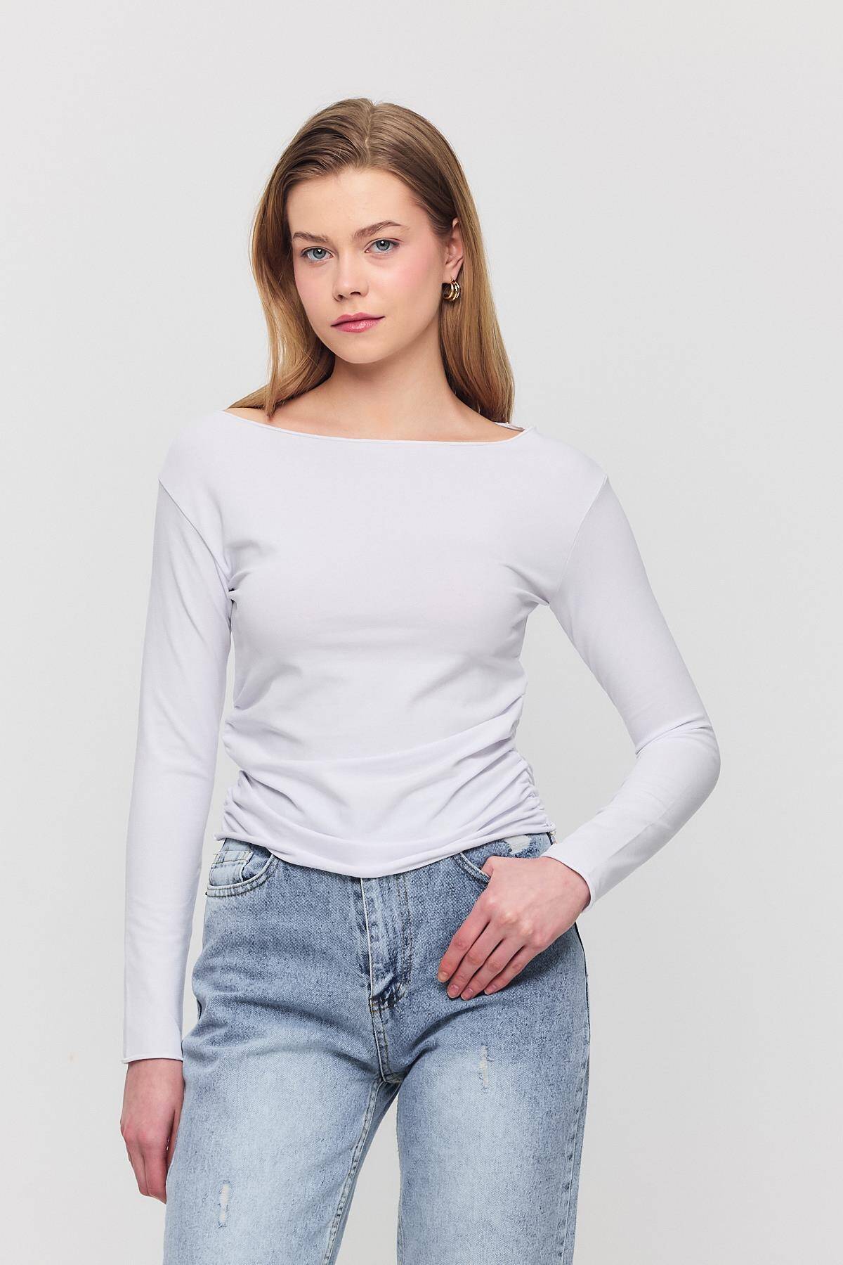 3027 Yanları Büzgülü Bluz Ekru - Stilay