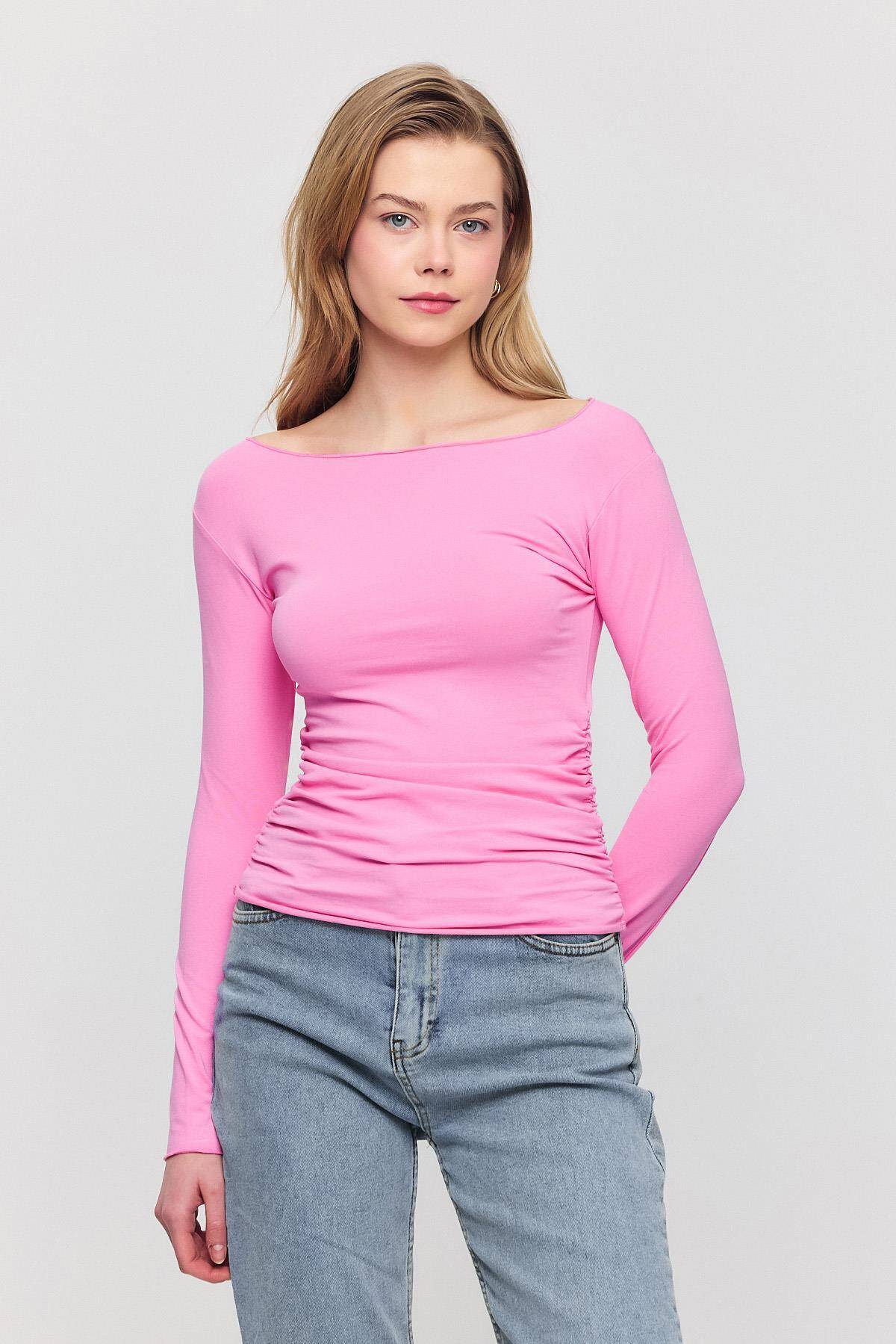 3027 Yanları Büzgülü Bluz Pembe 