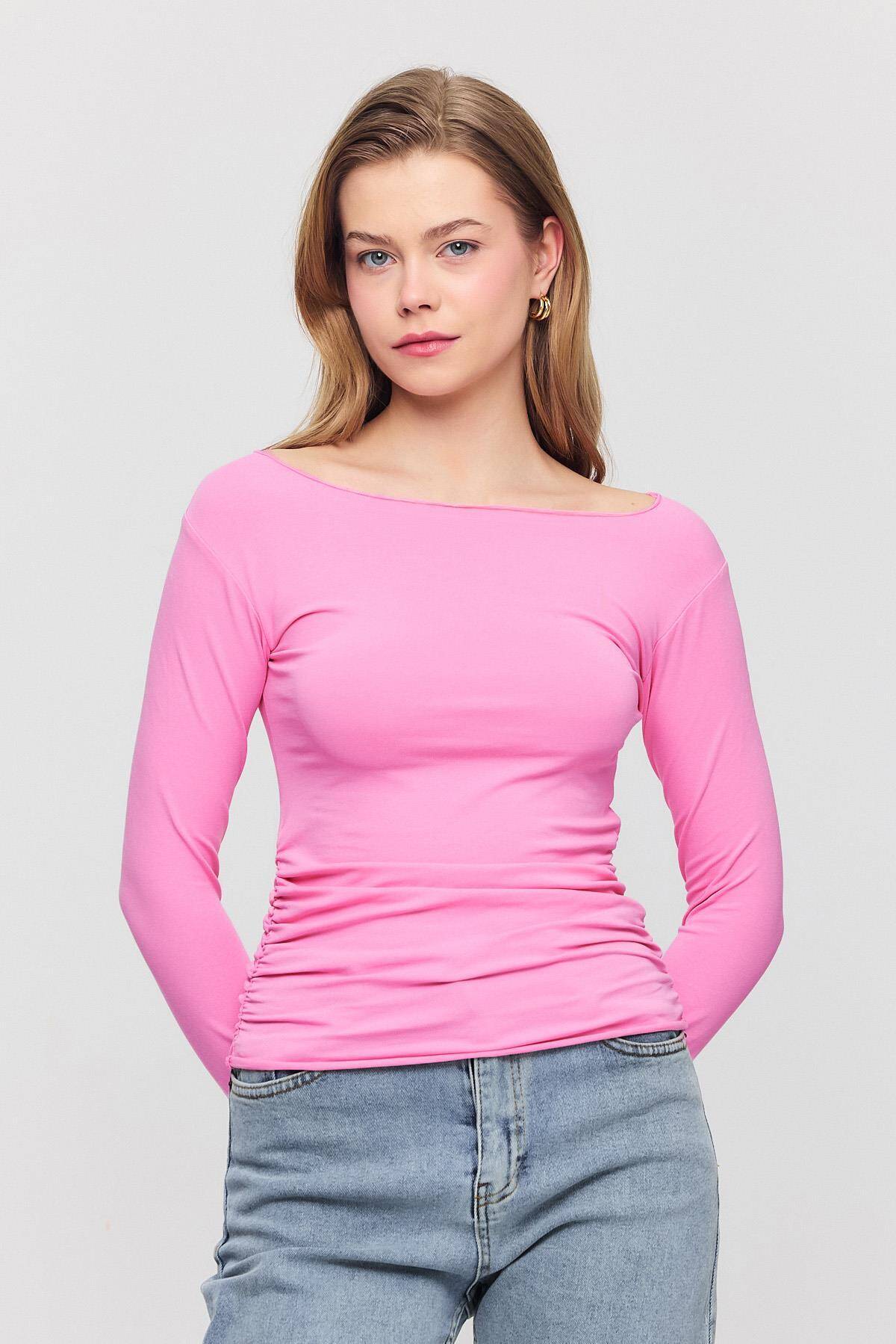 3027 Yanları Büzgülü Bluz Pembe - Stilay
