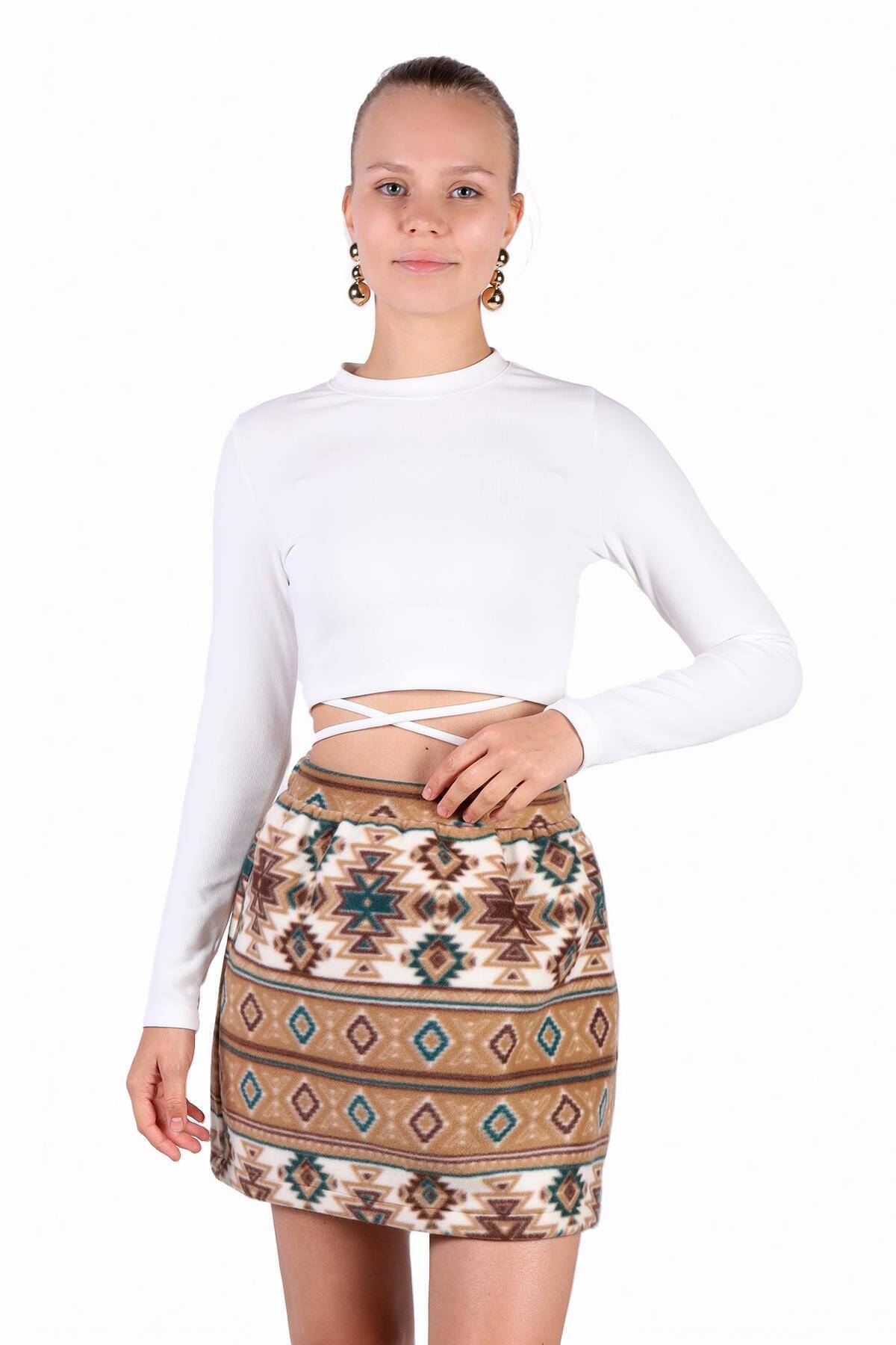 3027A Desenli Etek Vizon - Stilay