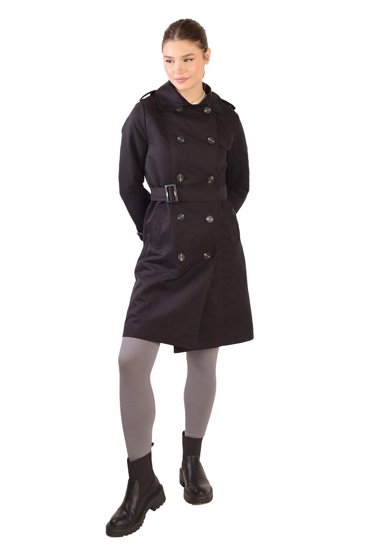 3033A Bel Bağlama Detay Trençkot Siyah - Stilay