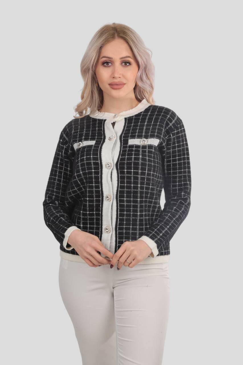 3100 Kareli Düğmeli Hırka Siyah - Stilay