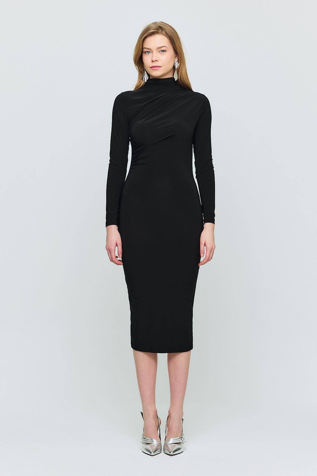 3686 Bel Büzgü Detay Elbise Siyah - Stilay