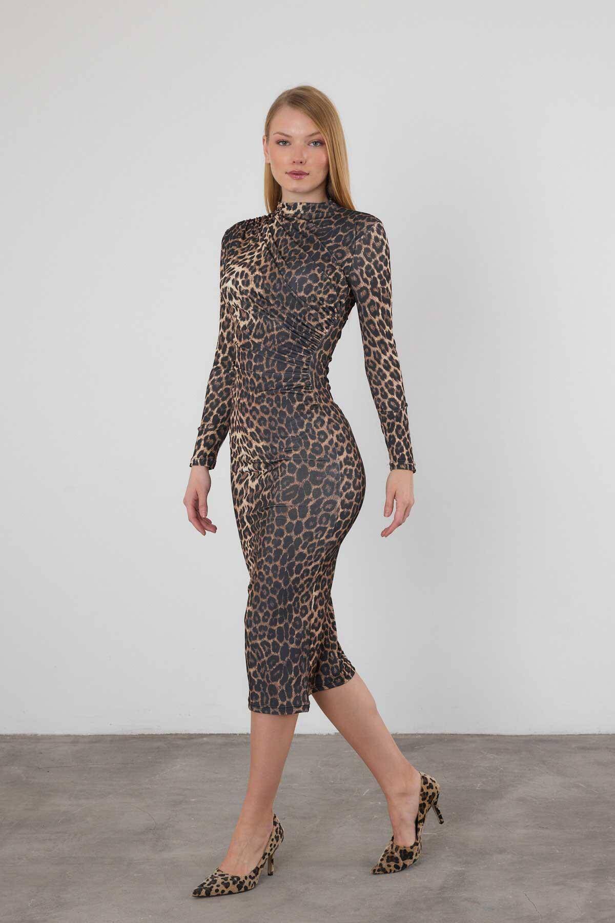 377-1 Leopar Elbise Kahve - Stilay