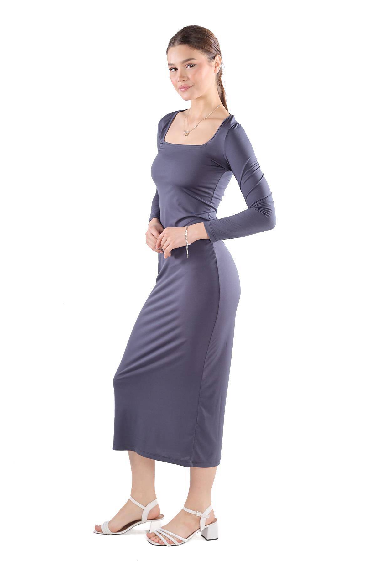 385 Kare Yaka Elbise Füme - Stilay