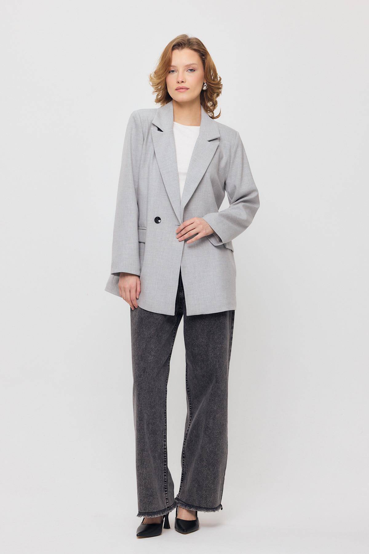 3882 Çift Düğme Cep Kapaklı Ceket Açık Gri - Stilay