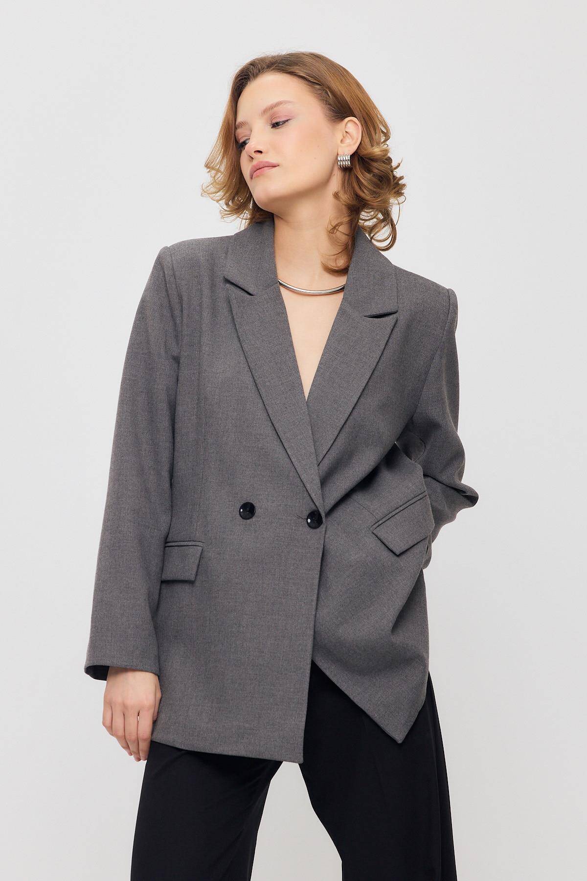 3882 Çift Düğme Cep Kapaklı Ceket Gri - Stilay