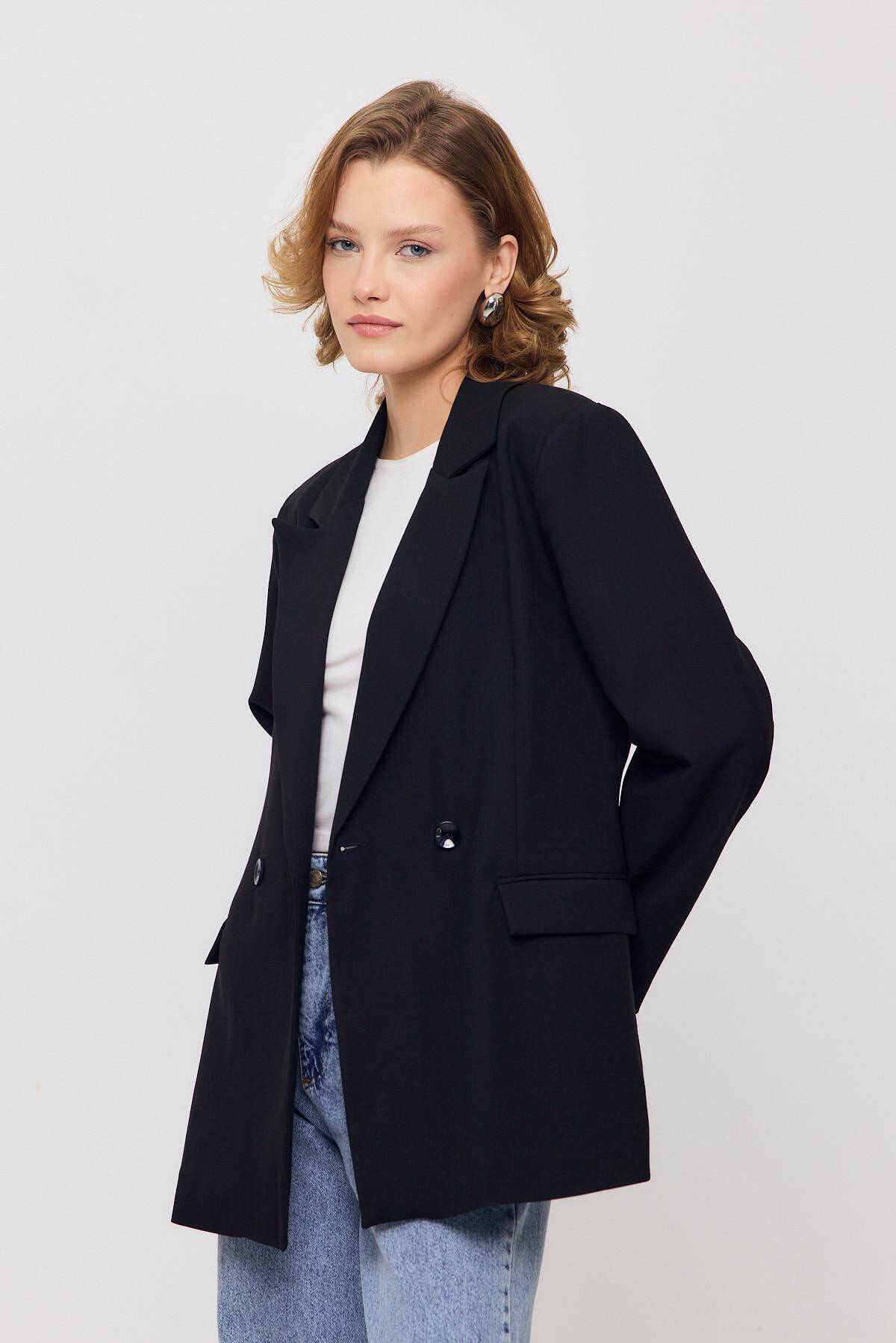 3882 Çift Düğme Cep Kapaklı Ceket Siyah - Stilay