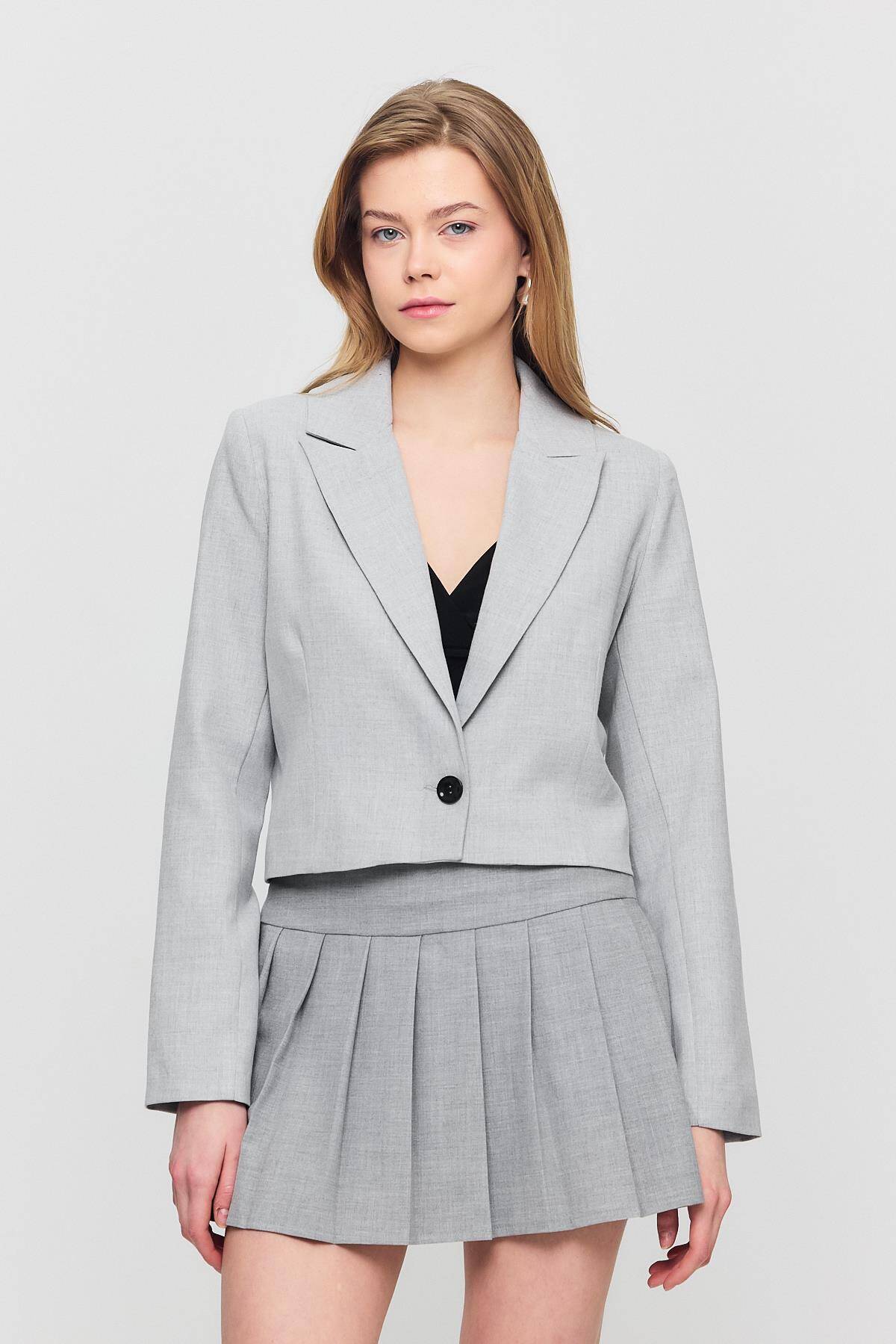 3969 Crop Astarlı Blazer Ceket Açık Gri - 2