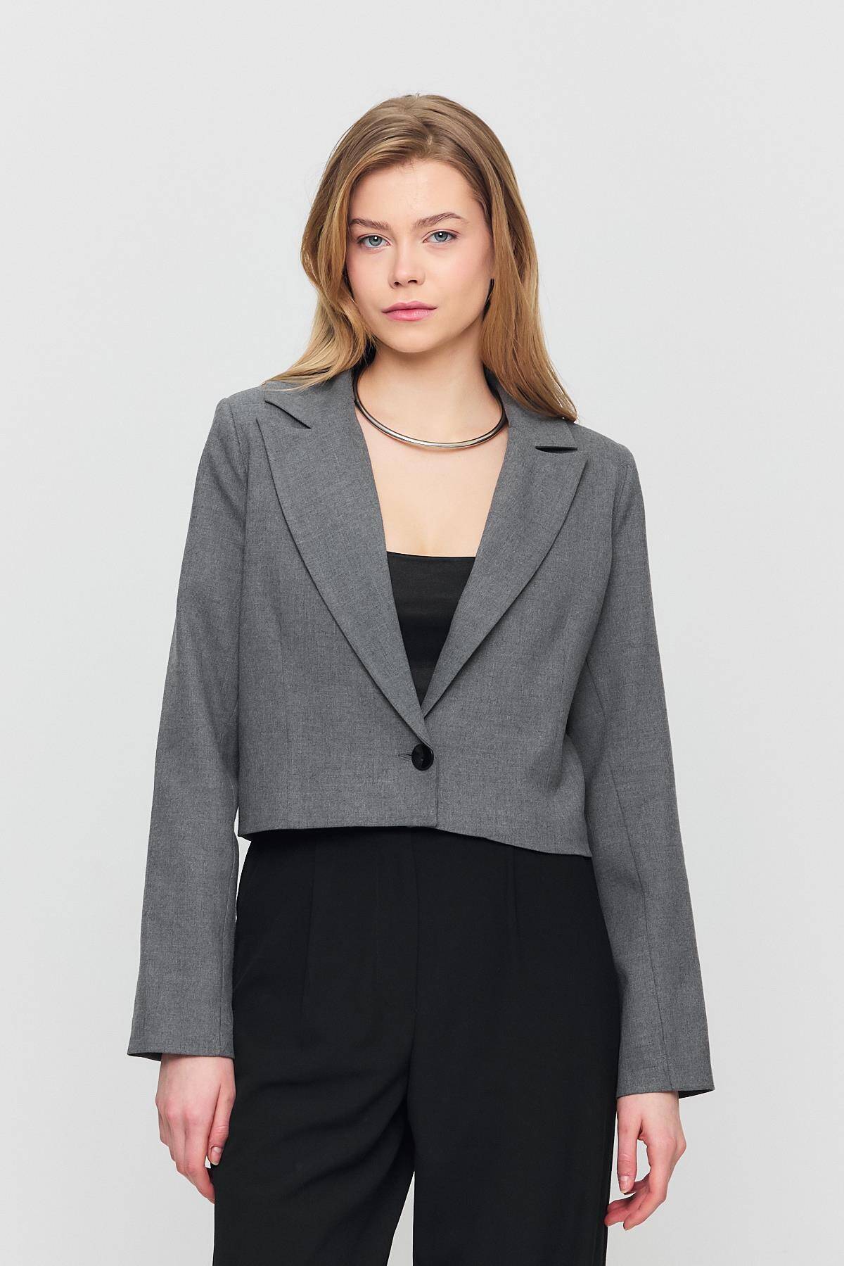 3969 Crop Astarlı Blazer Ceket Gri - 2