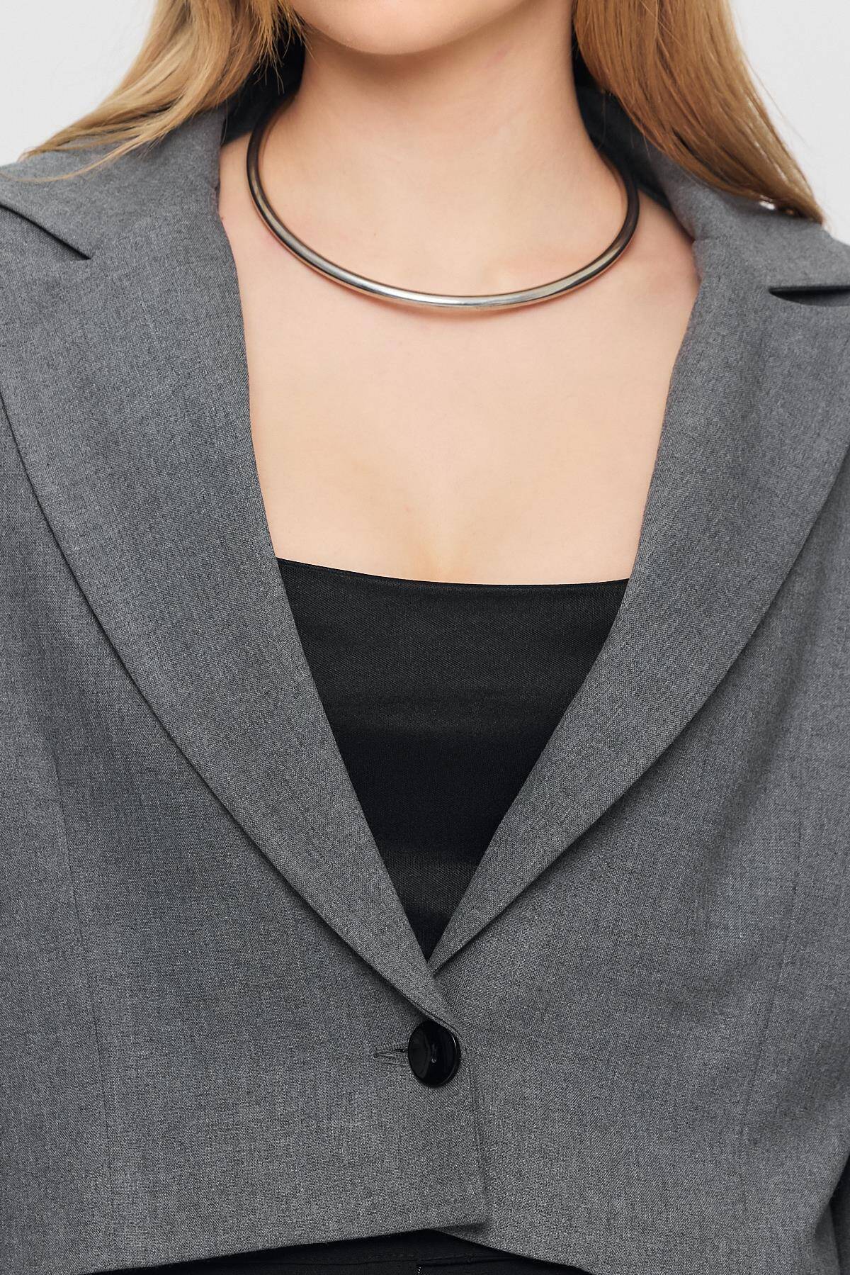 3969 Crop Astarlı Blazer Ceket Gri - 4