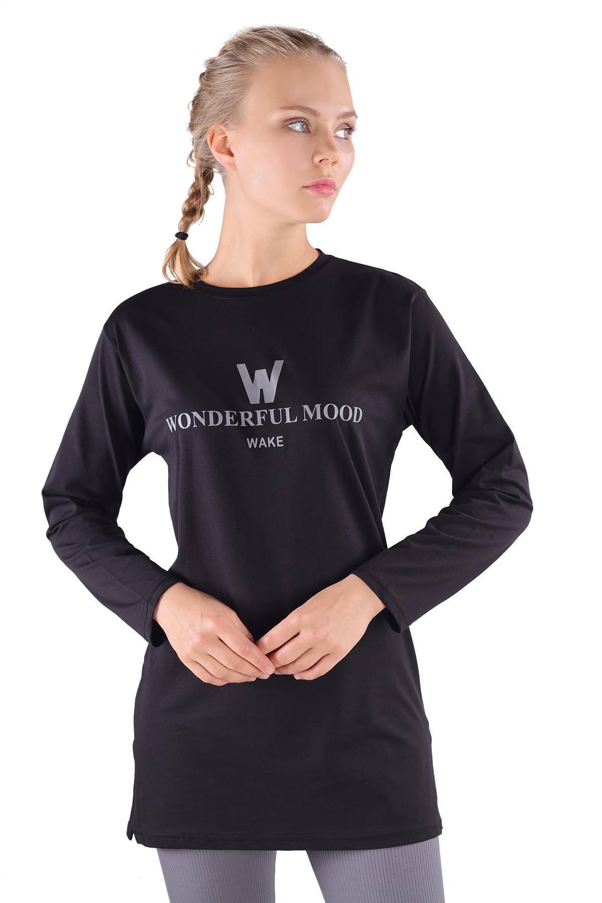 3981 WonderFul Baskılı Uzun Kol Tişört Siyah - Stilay