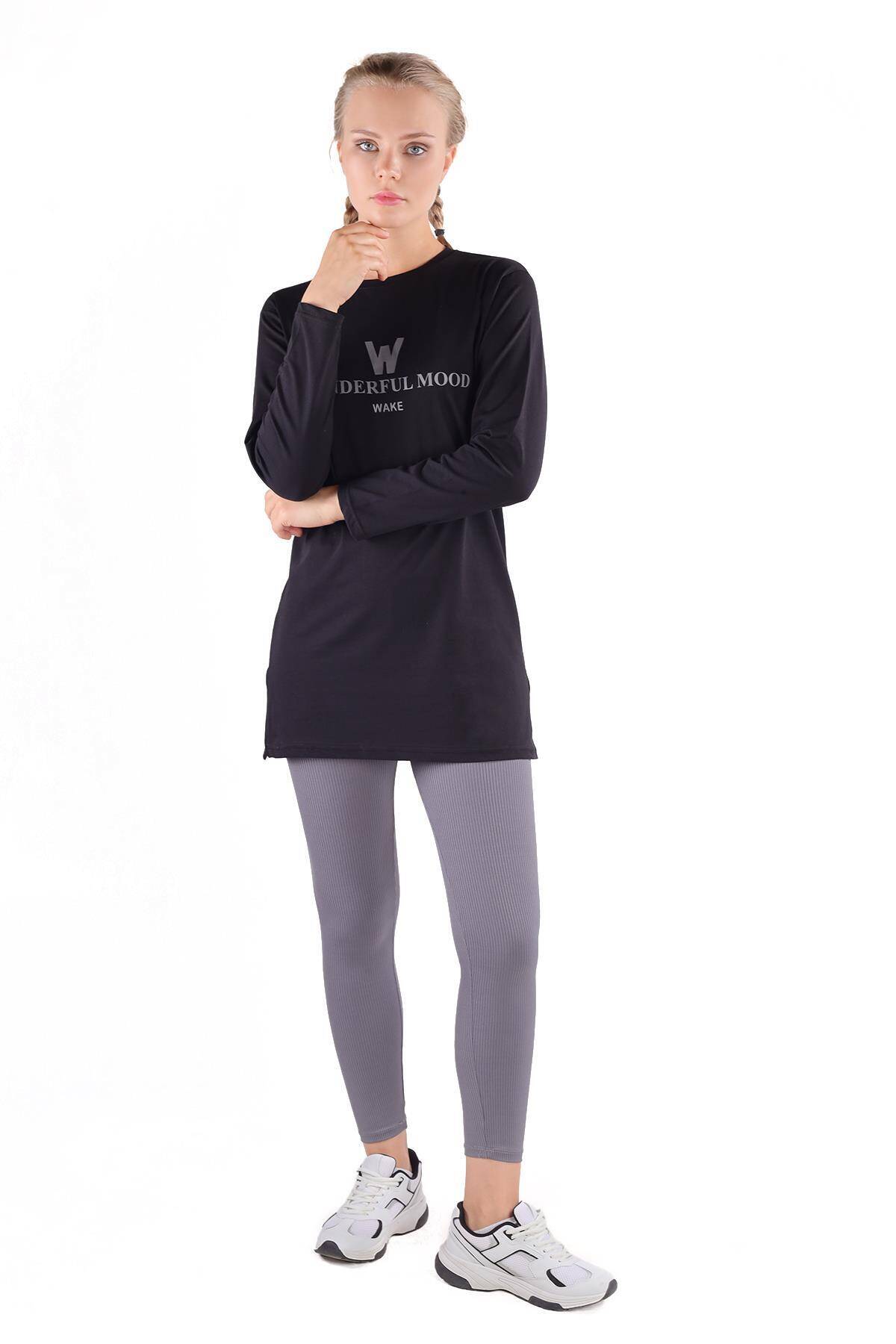 3981 WonderFul Baskılı Uzun Kol Tişört Siyah - Stilay