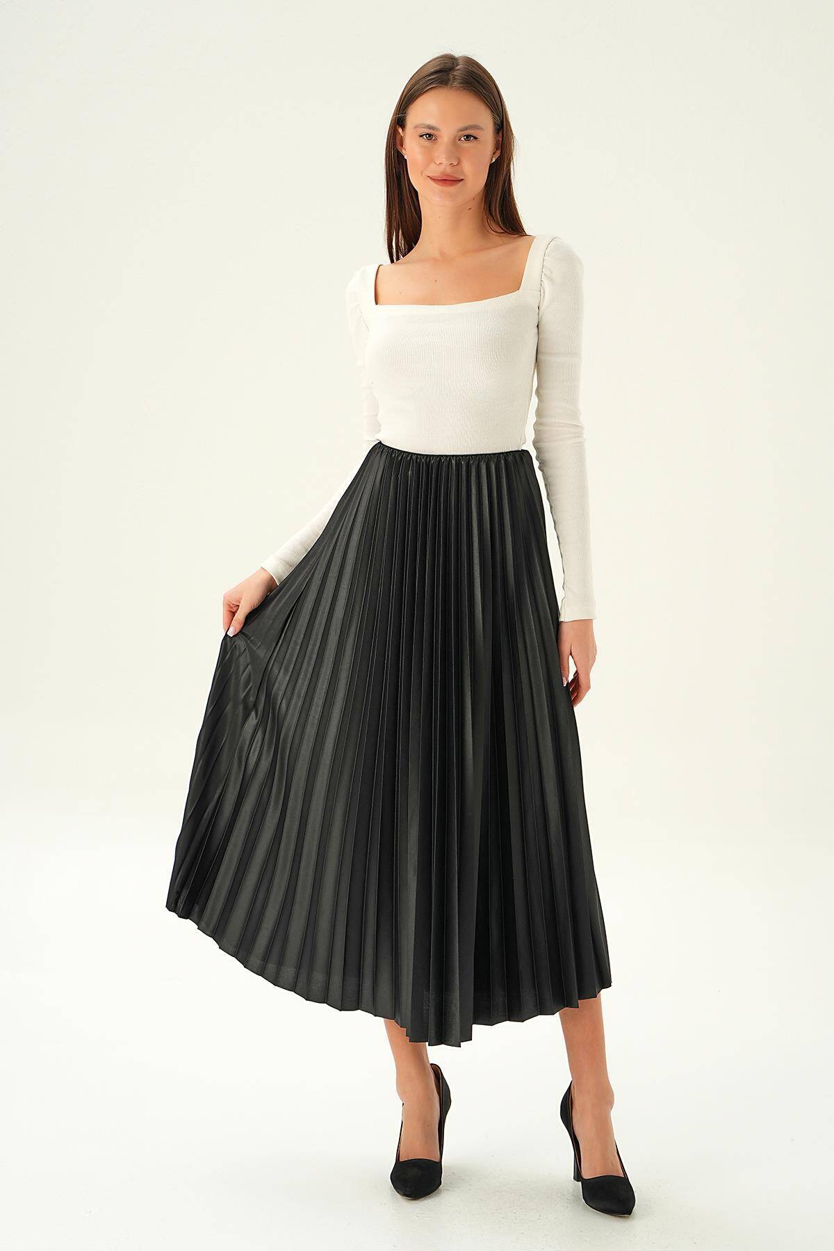 4080 Bel Lastik Pliseli Etek Siyah - 2