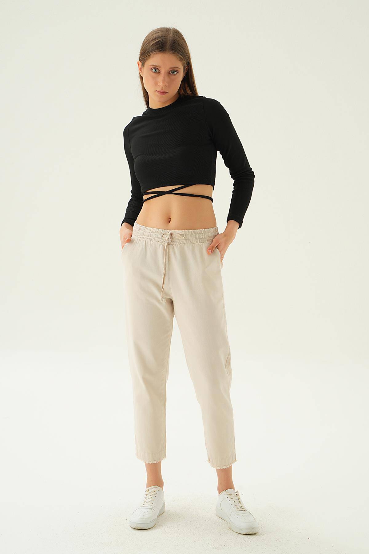 4228 Paça Püskül Pantolon Taş - Stilay