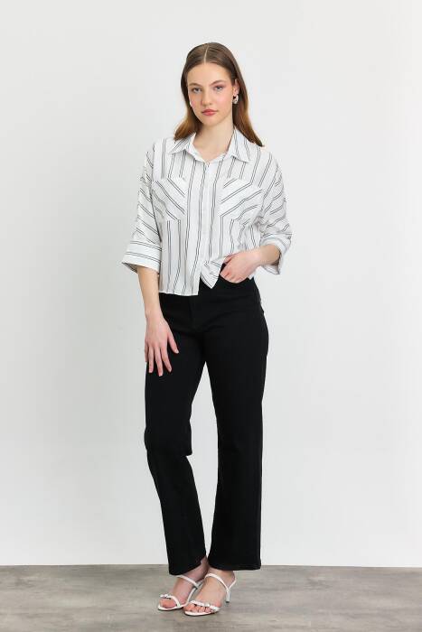4272A Çizgili Cepli Gömlek Ekru - Stilay