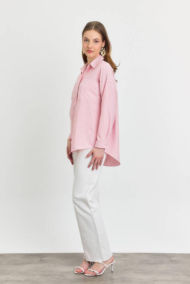 4294A Çizgili Cepli Gömlek Pembe - 2