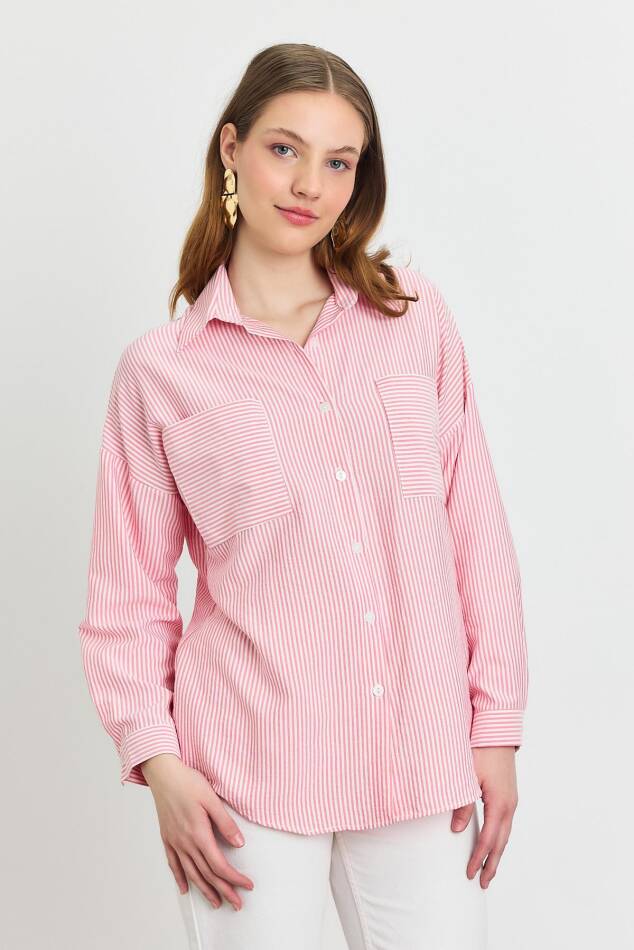 4294A Çizgili Cepli Gömlek Pembe - 3