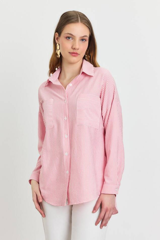 4294A Çizgili Cepli Gömlek Pembe - 8