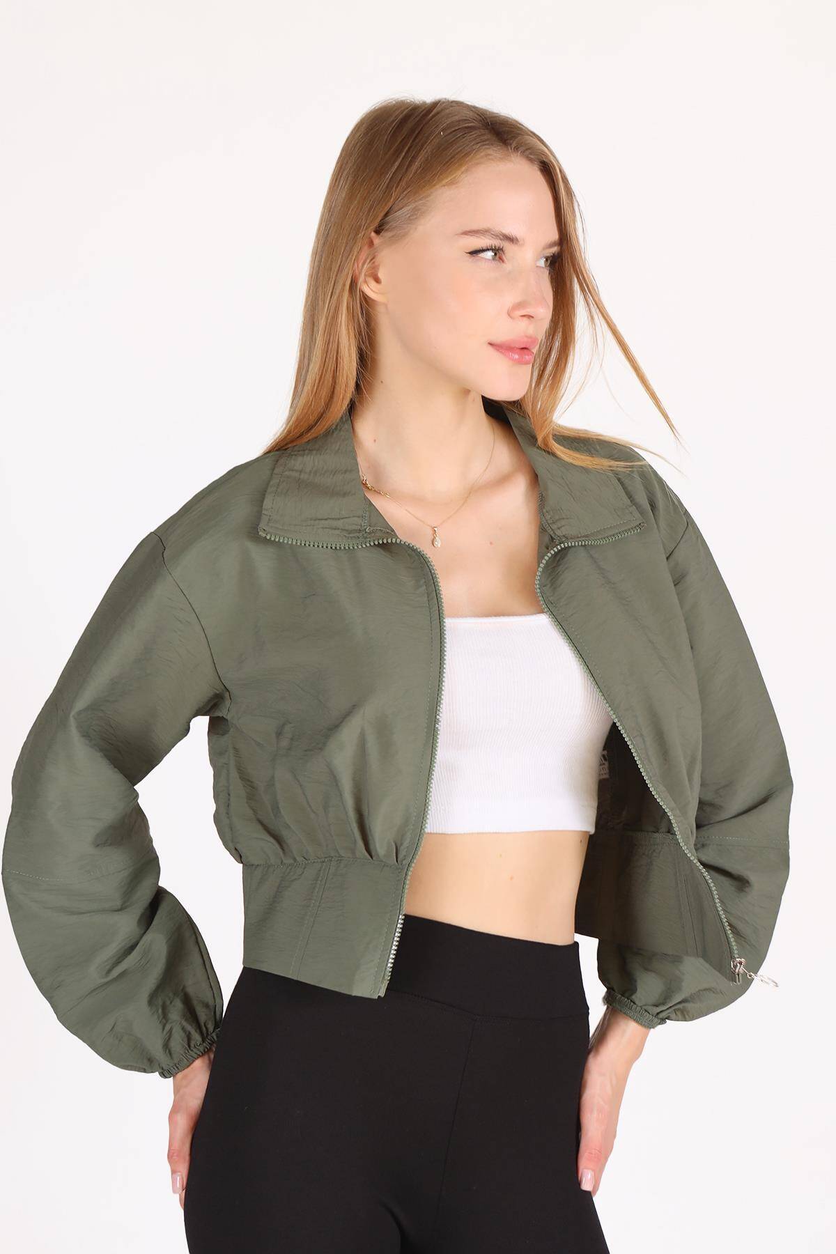 4296A Önü Fermuarlı Kısa Ceket Haki - Stilay