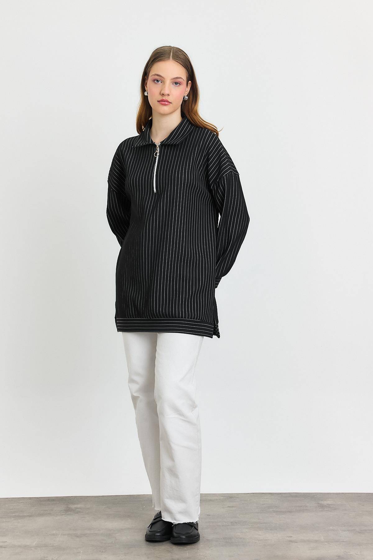 4302A Yarım Fermuarlı Tunik Siyah - Stilay