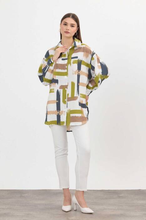 4369A Desenli Uzun Gömlek Olive Yeşili - Stilay