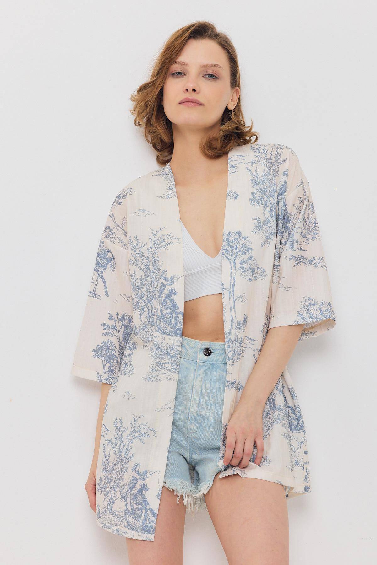 4441A Çiçekli Kısa Kol Kimono Mavi - 1