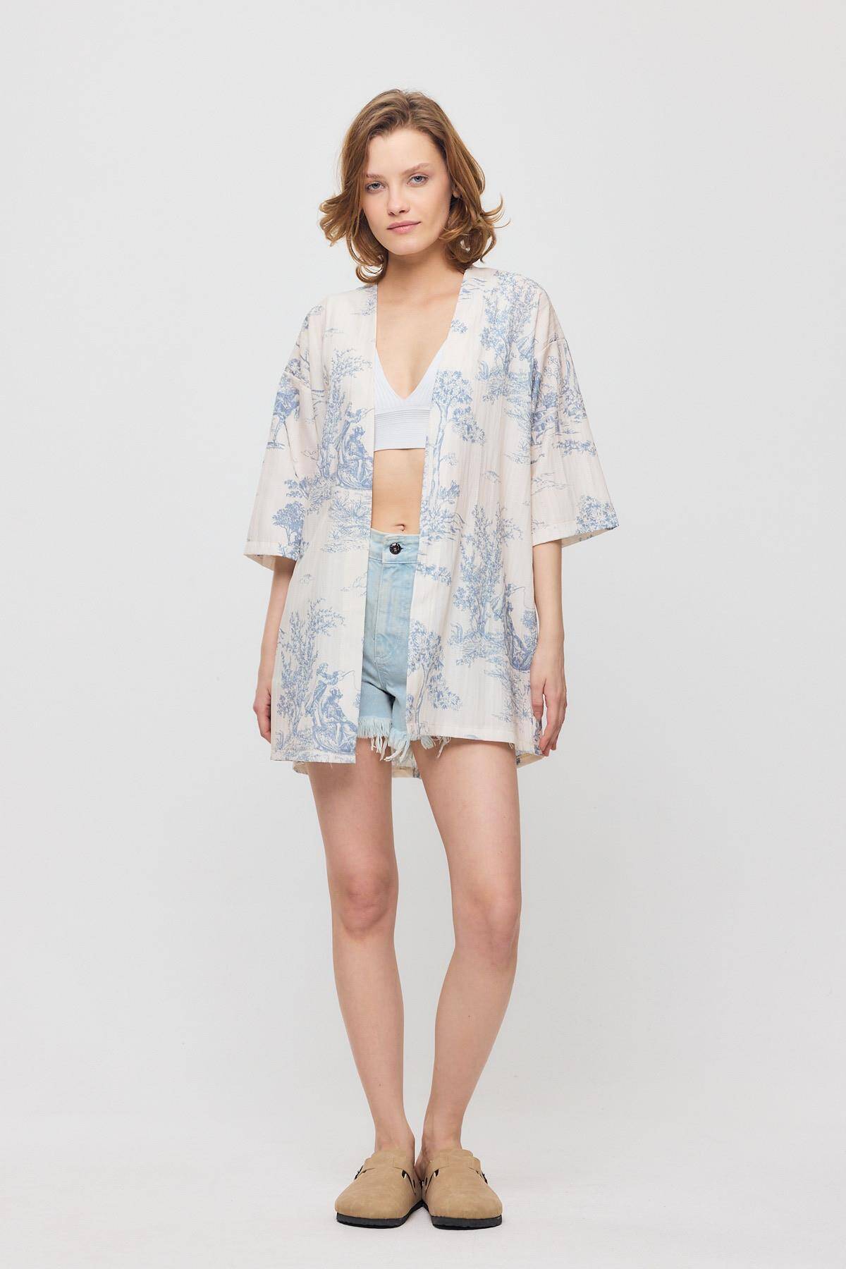 4441A Çiçekli Kısa Kol Kimono Mavi - Stilay