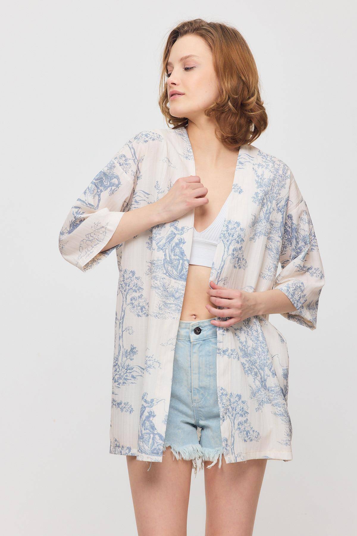 4441A Çiçekli Kısa Kol Kimono Mavi - 3