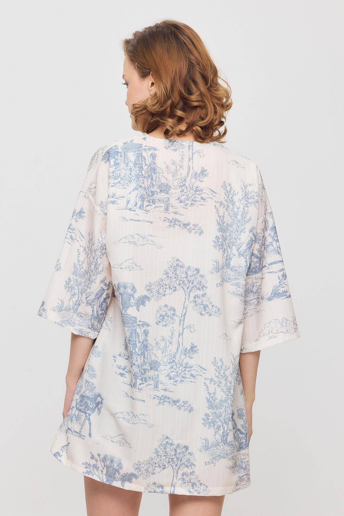 4441A Çiçekli Kısa Kol Kimono Mavi - 5