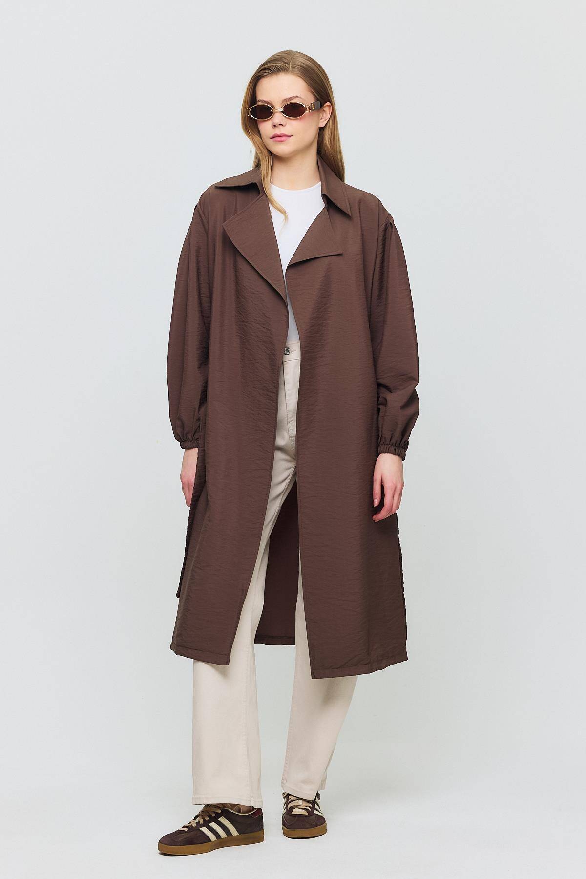 4579A Kuşaklı Kol Lastikli Trençkot Kahve - Stilay