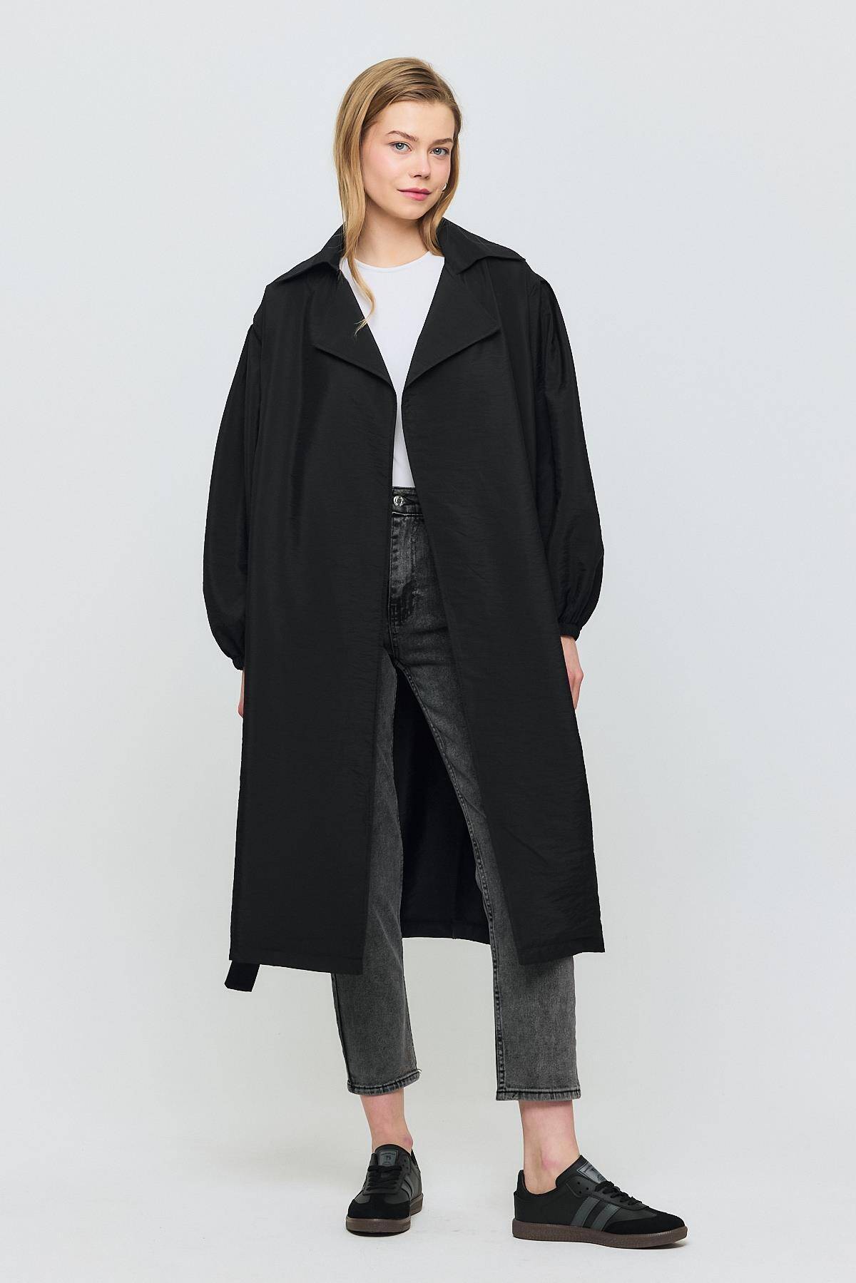 4579A Kuşaklı Kol Lastikli Trençkot Siyah - Stilay