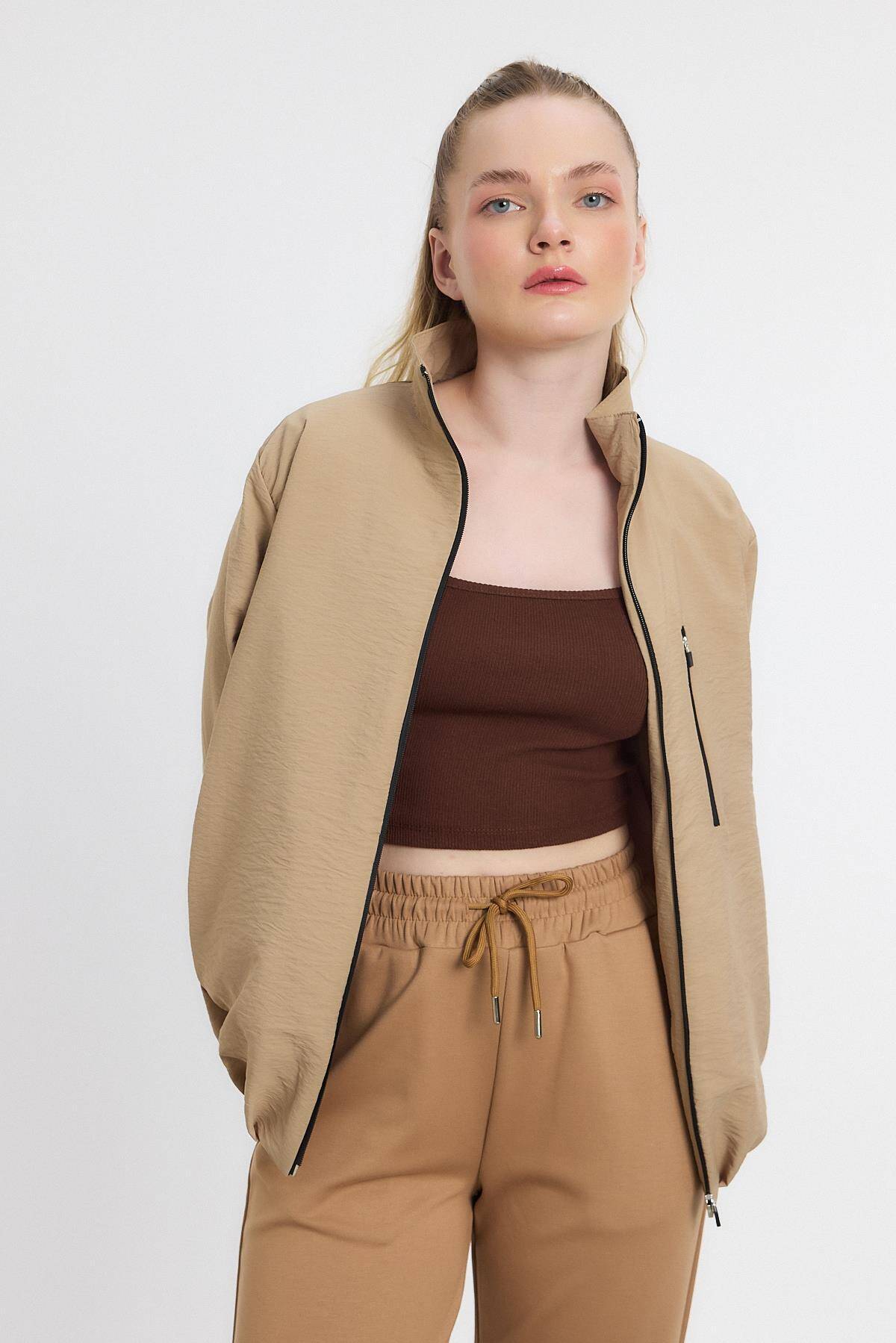 4611A Kol Lastikli Cepli Ceket Vizon - Stilay