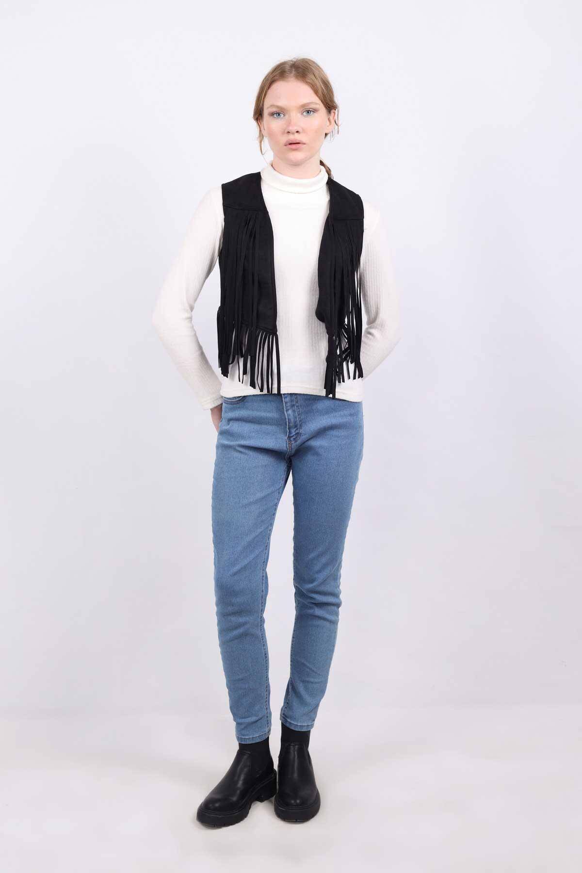 5019 Püskül Detay Yelek Siyah - Stilay