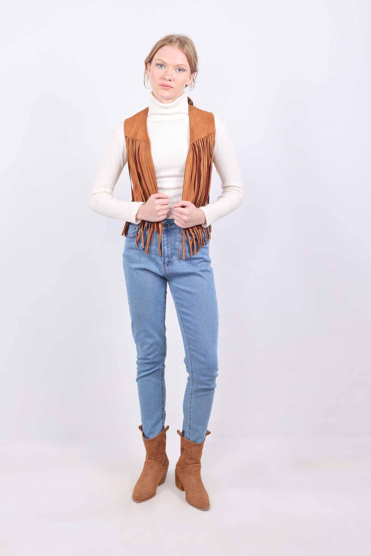 5019 Püskül Detay Yelek Taba - Stilay