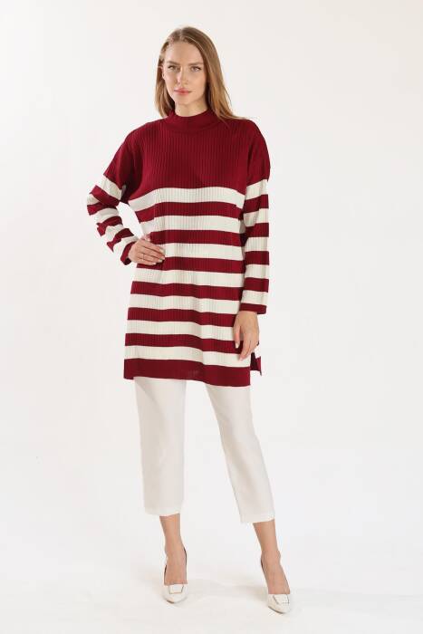 5330 Çizgili Triko Tunik Bordo 